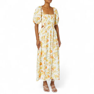 Faithfull The Brand Cutout Loucetta Puff Sleeve Cottage Midi Dress NWT S